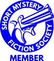 Blue badge reading "Short Mystery Fiction Society Member" with a drawing of a Derringer pistol